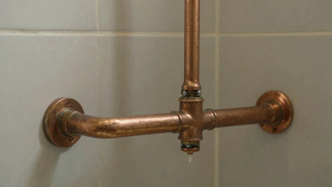 Llave de paso y tubería de cobre en un baño doméstico español, lu