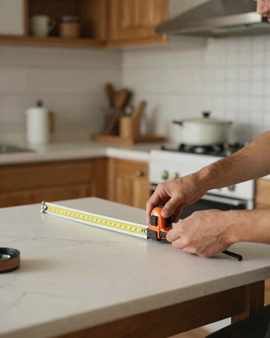 Lateral natural light in a Spanish apartment kitchen, hands measu